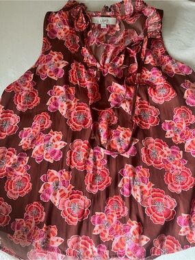 LOFT Brown Floral Sleeveless Tie-Neck Camisole with Pink & Coral Flowers